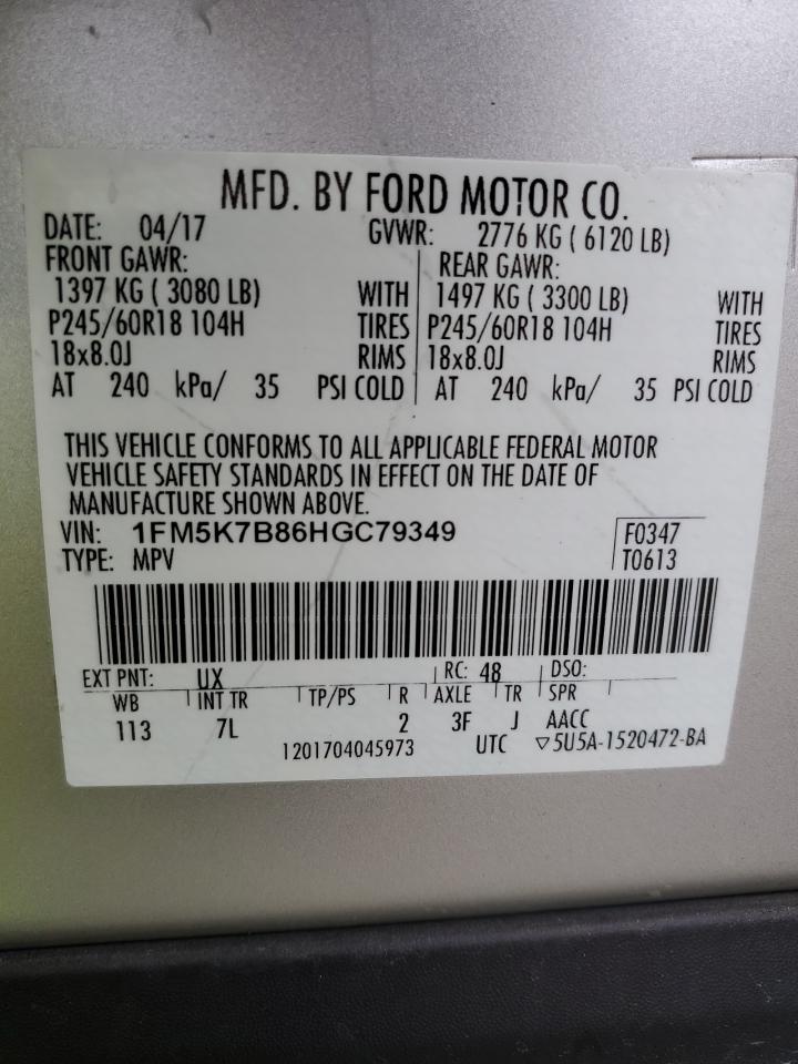 2017 Ford Explorer VIN 1FM5K7B86HGC79349 Copart auction photo, rear end damage thumbnail 14