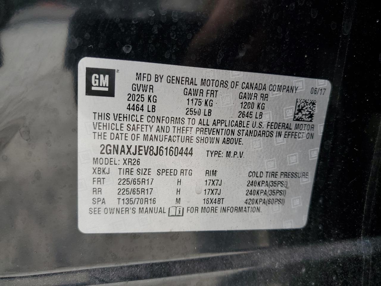 2018 Chevrolet Equinox VIN 2GNAXJEV8J6160444 Copart auction photo, front end damage thumbnail 15