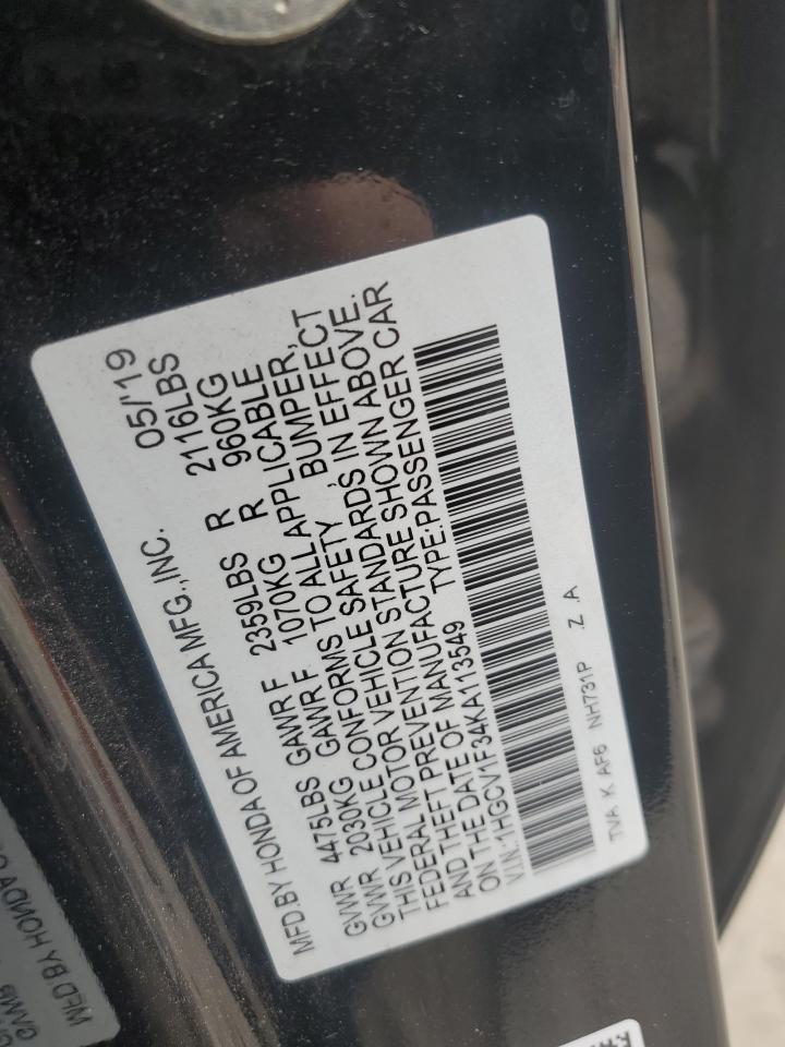 2019 Honda Accord VIN 1HGCV1F34KA113549 Copart auction photo, front end damage thumbnail 12