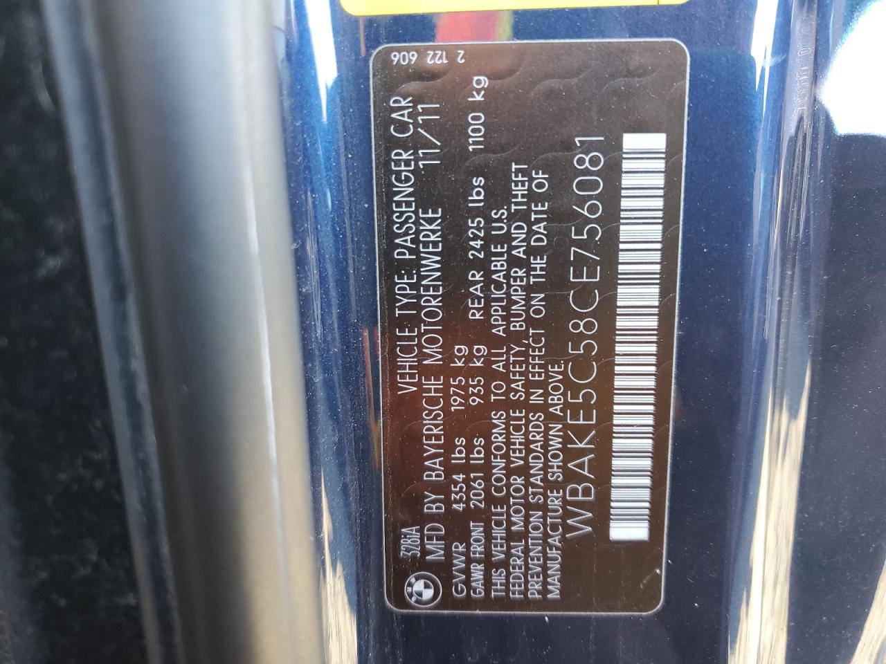 2012 BMW 3er VIN WBAKE5C58CE756081 Copart auction photo, rear end damage thumbnail 12