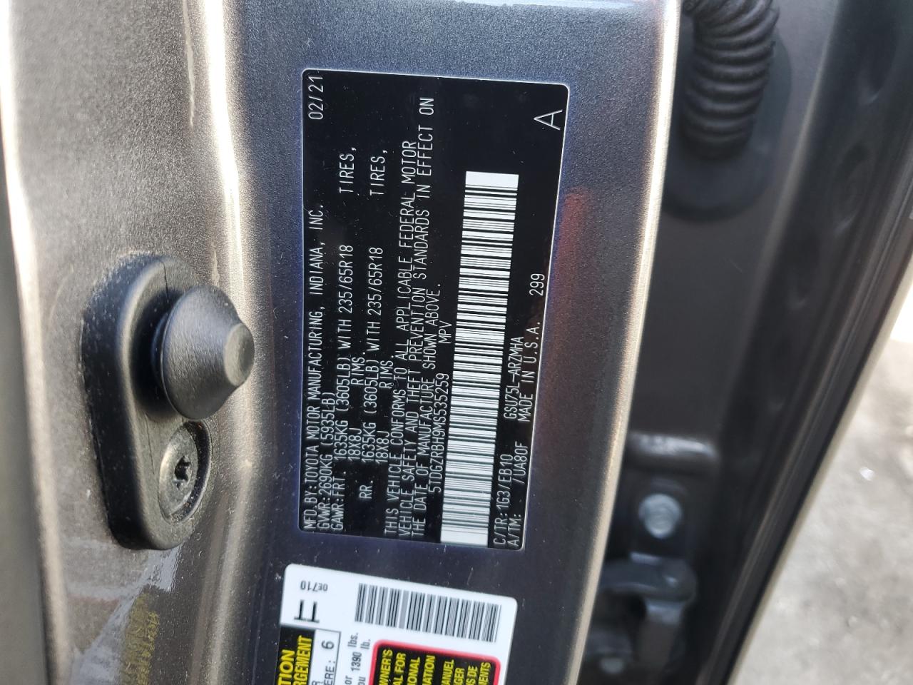2021 Toyota Highlander VIN 5TDGZRBH9MS535259 Copart auction photo, front end damage thumbnail 13