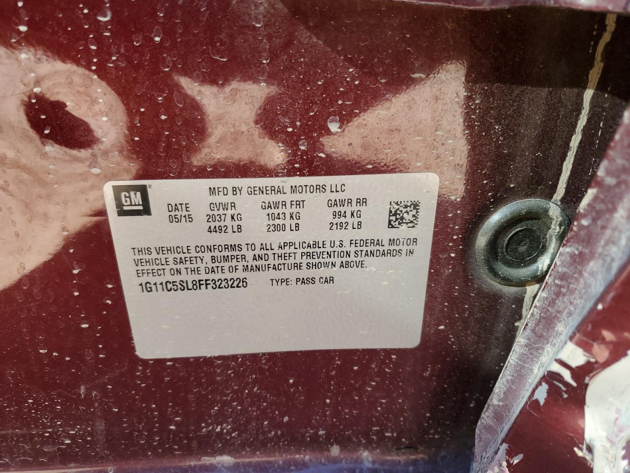 2015 Chevrolet Malibu VIN 1G11C5SL8FF323226 Copart auction photo, side / rear end damage thumbnail 12