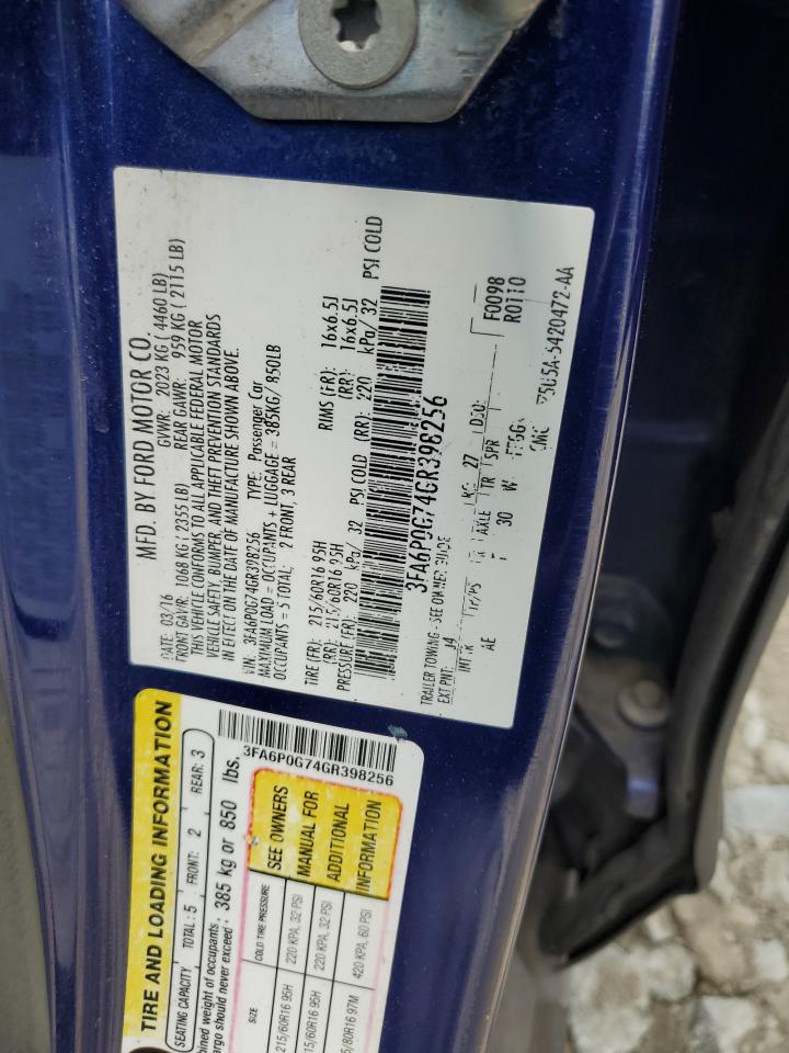 2016 Ford Fusion VIN 3FA6P0G74GR398256 Copart auction photo, front end / side damage thumbnail 12