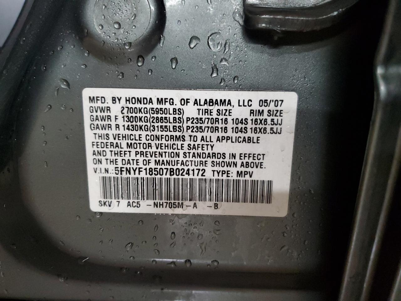 2007 Honda Pilot VIN 5FNYF18507B024172 Copart auction photo, side damage thumbnail 12