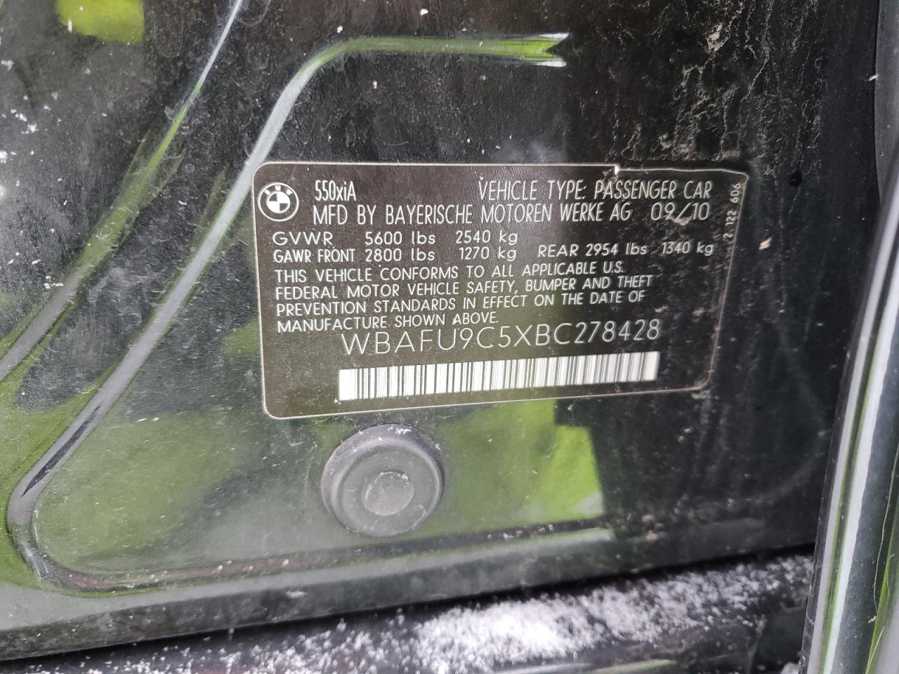 2011 BMW 5er VIN WBAFU9C5XBC278428 Copart auction photo, front end damage thumbnail 14