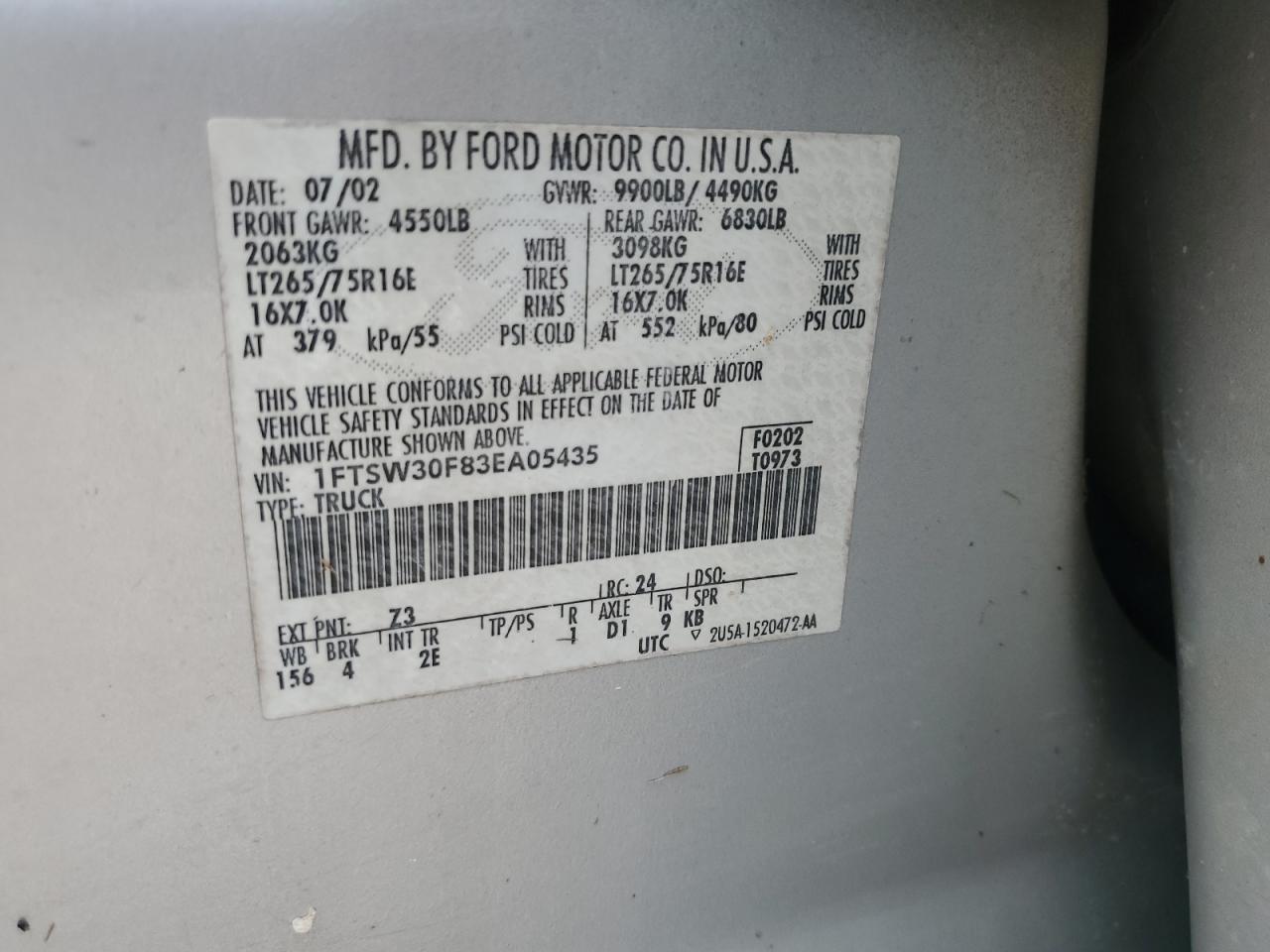 2003 Ford F350 VIN 1FTSW30F83EA05435 Copart auction photo, water/flood damage thumbnail 13
