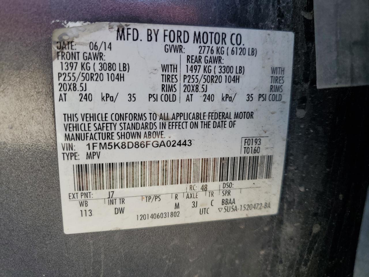 2015 Ford Explorer VIN 1FM5K8D86FGA02443 Copart auction photo, front end / rear end damage thumbnail 13