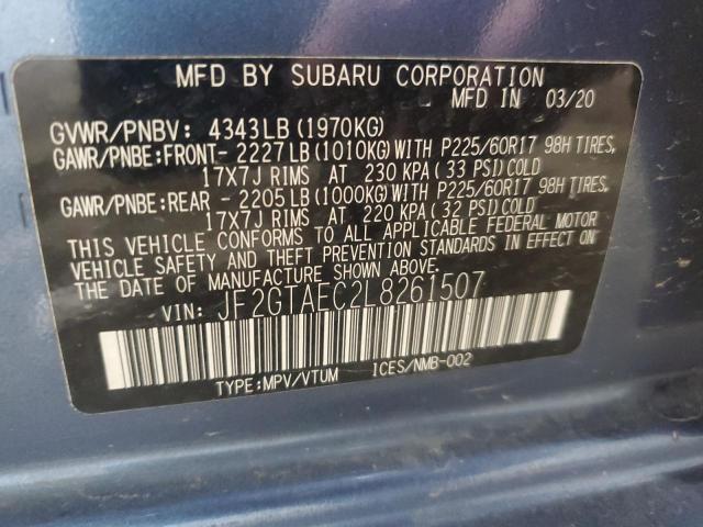 2020 Subaru XV VIN JF2GTAEC2L8261507 Copart auction photo, front end / side damage thumbnail 12