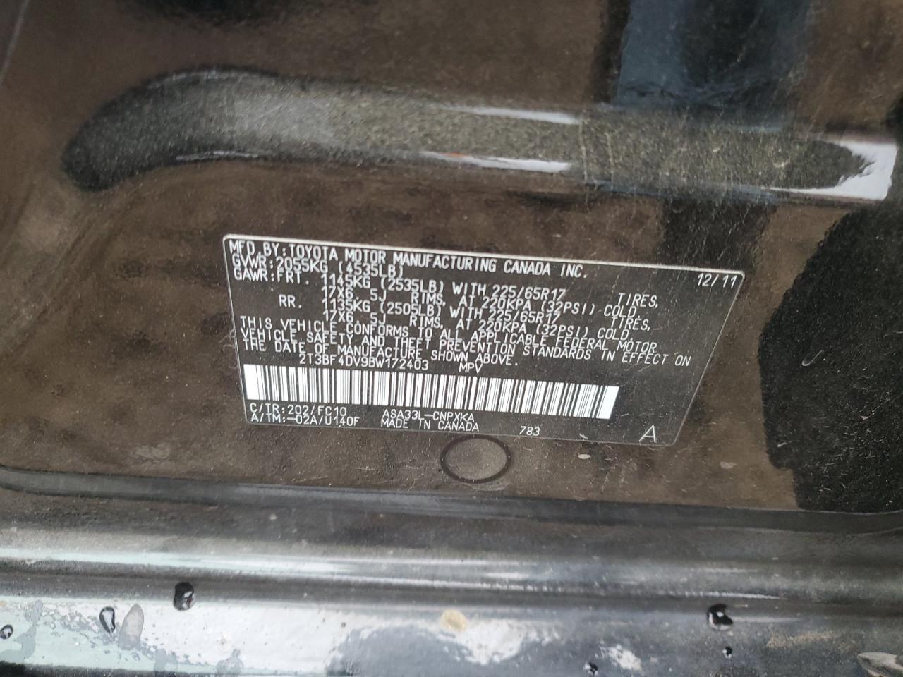 2011 Toyota RAV 4 VIN 2T3BF4DV9BW172403 Copart auction photo, rear end damage thumbnail 13