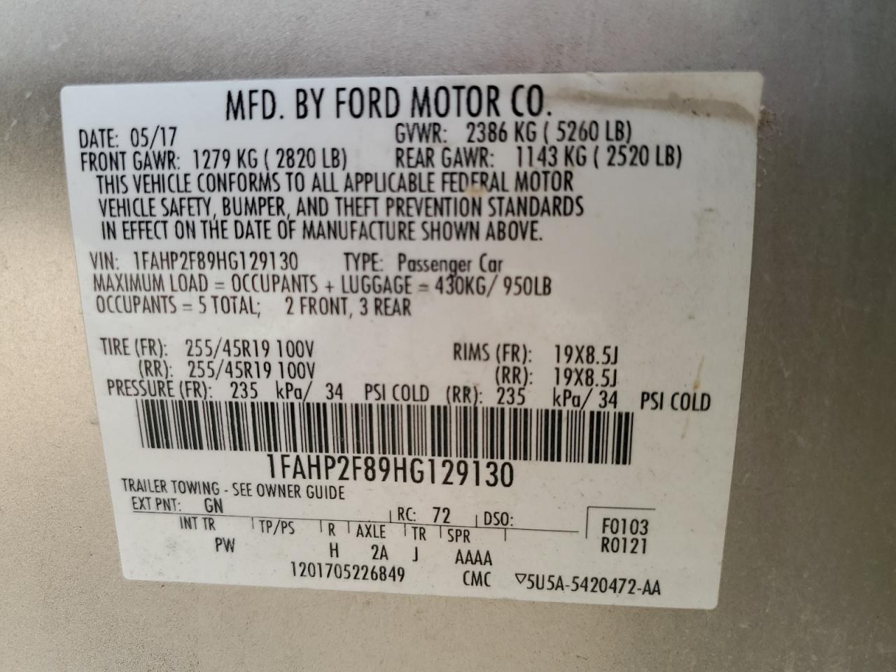 2017 Ford Taurus VIN 1FAHP2F89HG129130 Copart auction photo, front end damage thumbnail 13