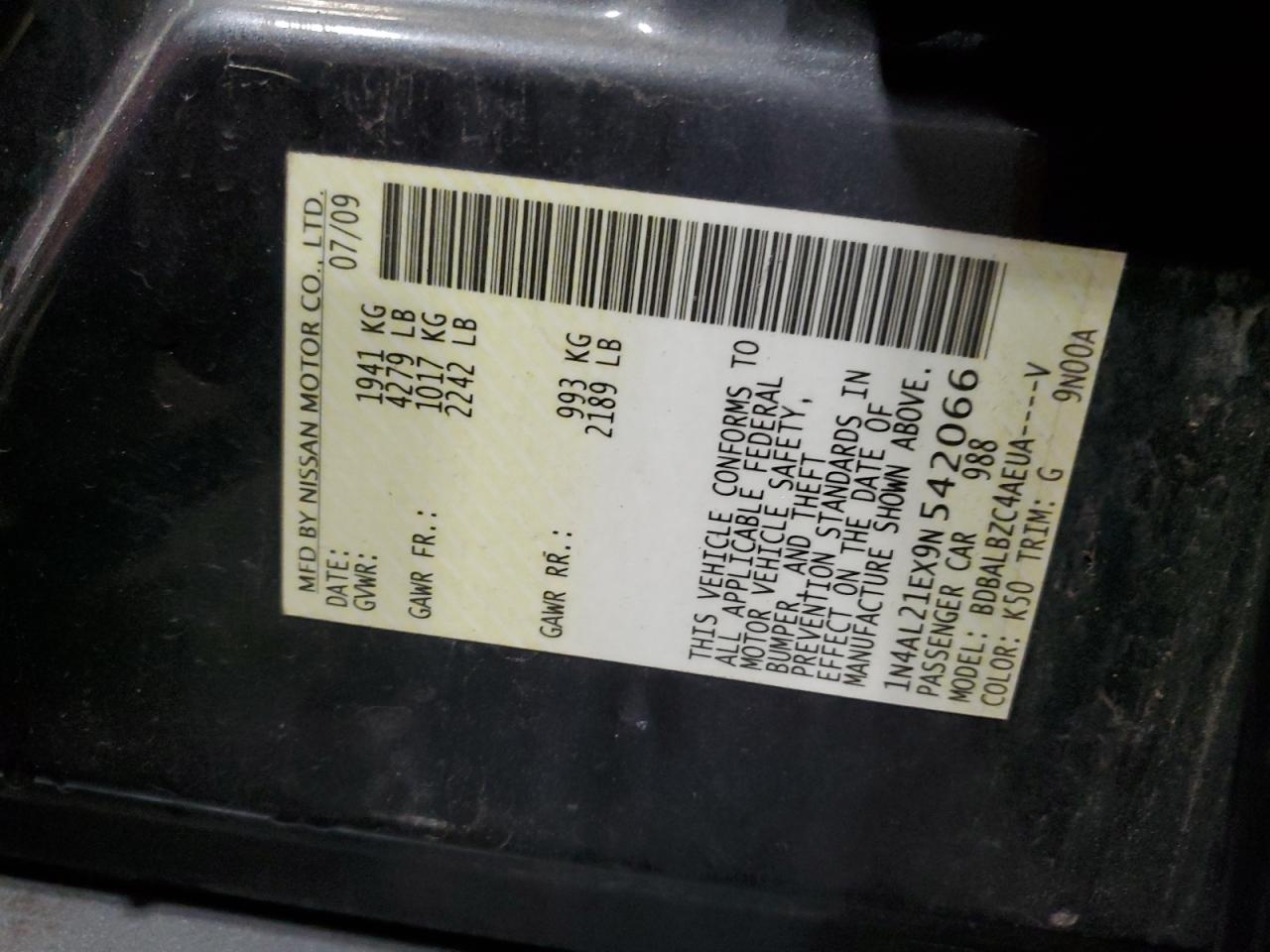 2009 Nissan Altima VIN 1N4AL21EX9N542066 Copart auction photo, rear end damage thumbnail 12
