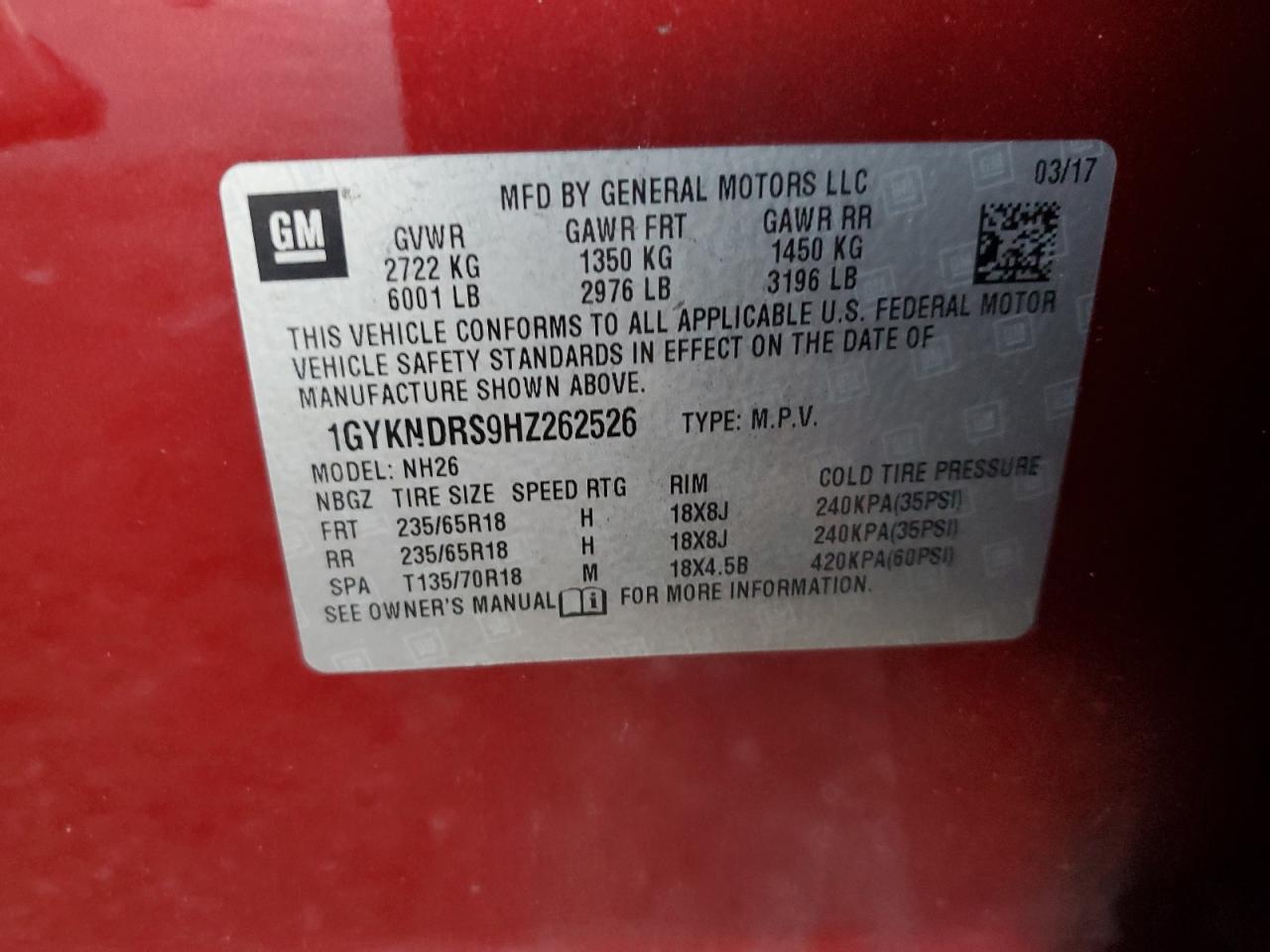2017 Cadillac XT5 VIN 1GYKNDRS9HZ262526 Copart auction photo, rear end damage thumbnail 15