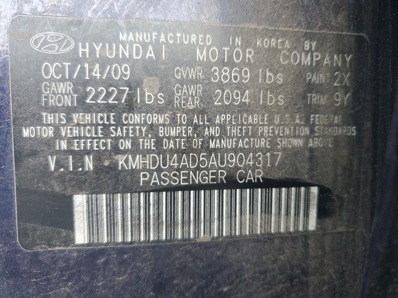 2010 Hyundai Elantra VIN KMHDU4AD5AU904317 Copart auction photo, side / undercarriage damage thumbnail 14