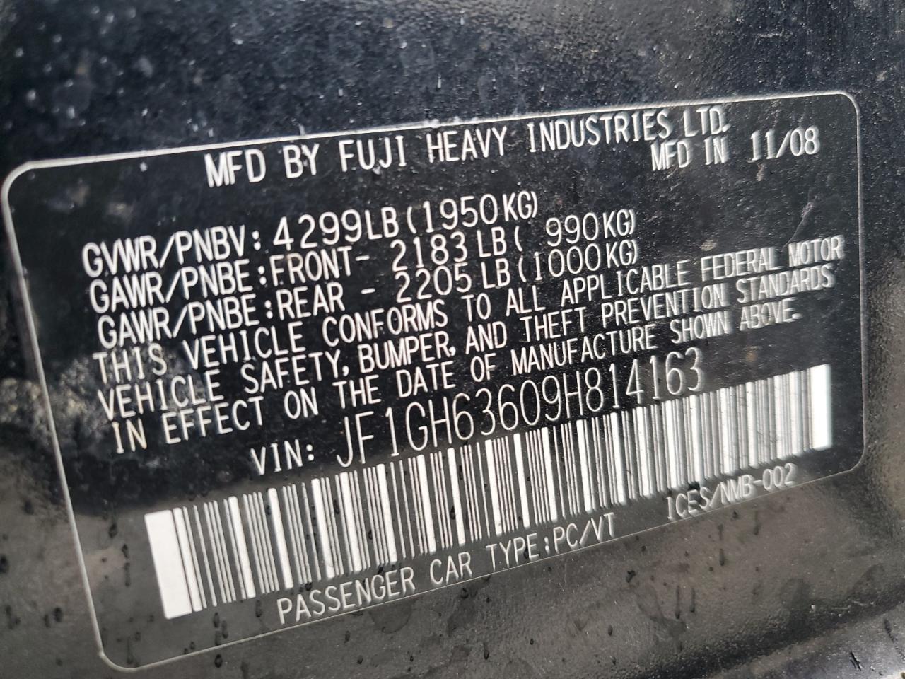 2009 Subaru Impreza VIN JF1GH63609H814163 Copart auction photo, front end / minor dent/scratches damage thumbnail 14