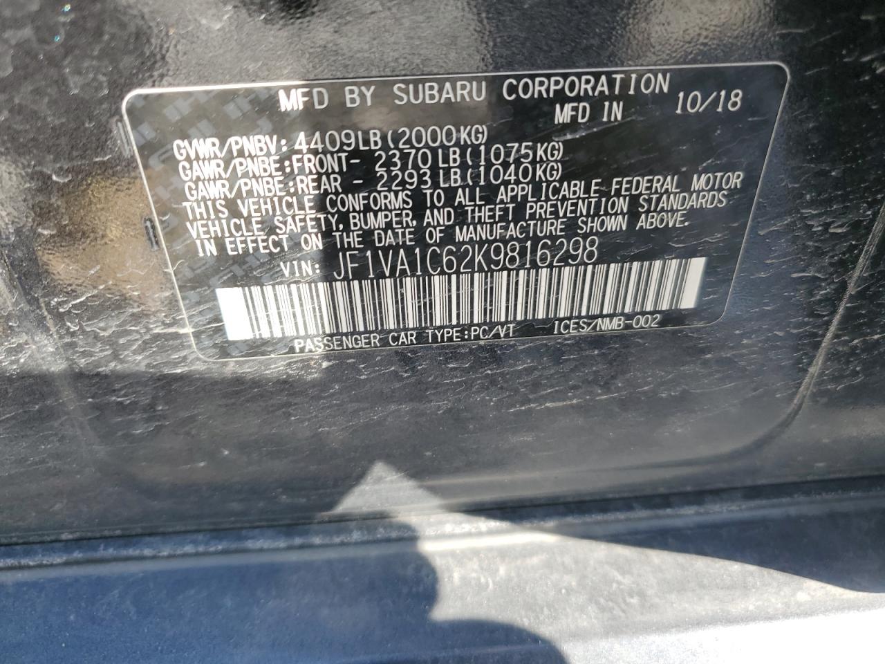 2019 Subaru WRX VIN JF1VA1C62K9816298 Copart auction photo, front end / undercarriage damage thumbnail 14