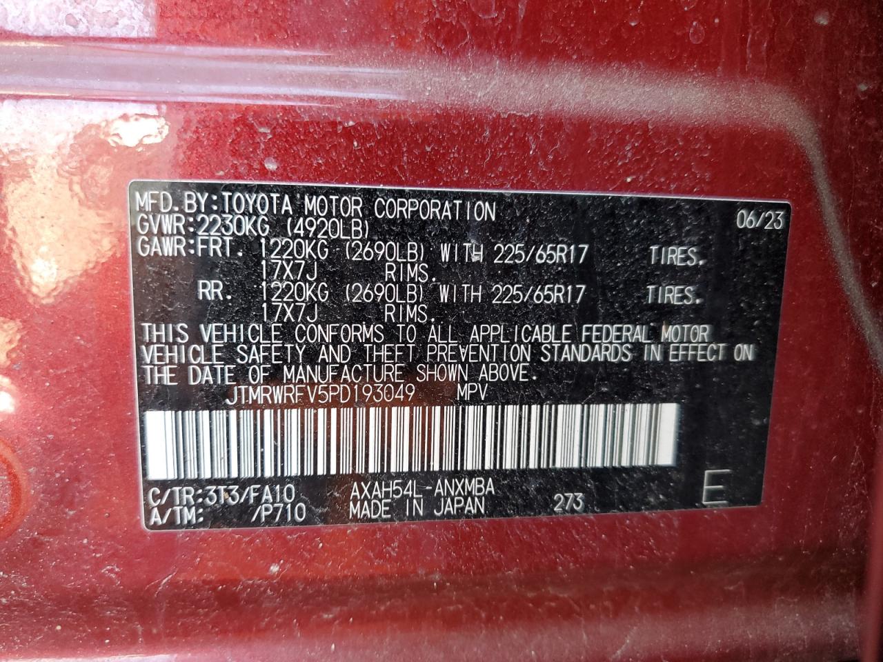 2023 Toyota RAV 4 VIN JTMRWRFV5PD193049 Copart auction photo, side / undercarriage damage thumbnail 14