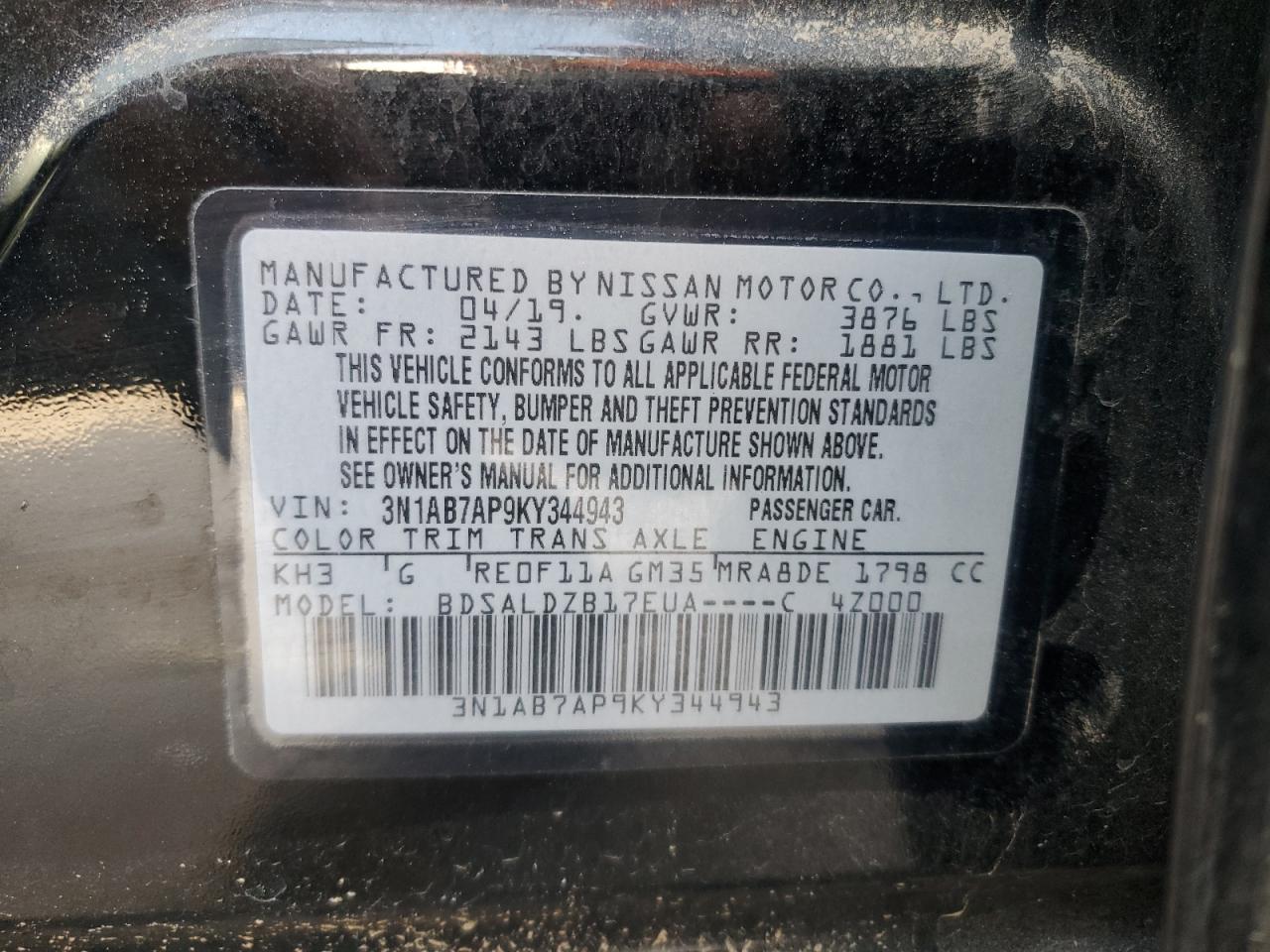 2019 Nissan Sentra VIN 3N1AB7AP9KY344943 Copart auction photo, front end / rear end damage thumbnail 15