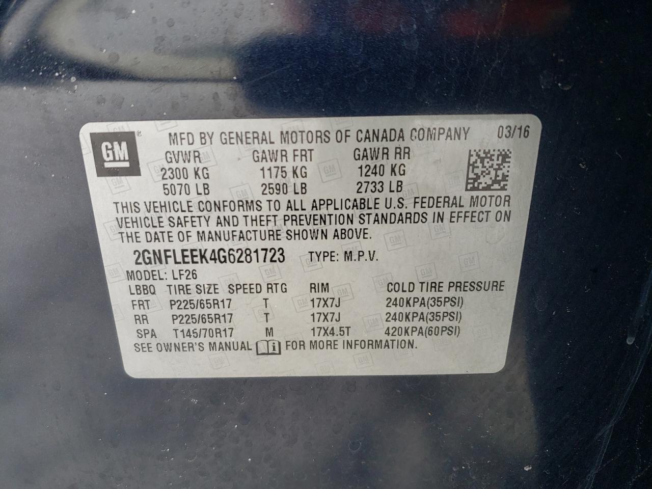 2016 Chevrolet Equinox VIN 2GNFLEEK4G6281723 Copart auction photo, front end / side damage thumbnail 13