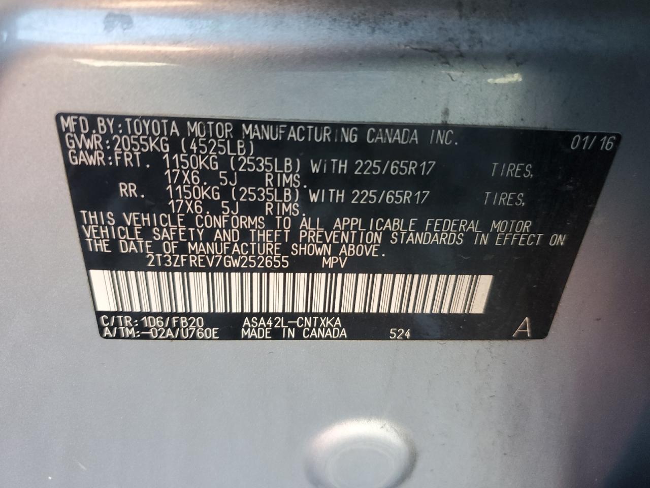 2016 Toyota RAV 4 VIN 2T3ZFREV7GW252655 Copart auction photo, rear end / side damage thumbnail 15