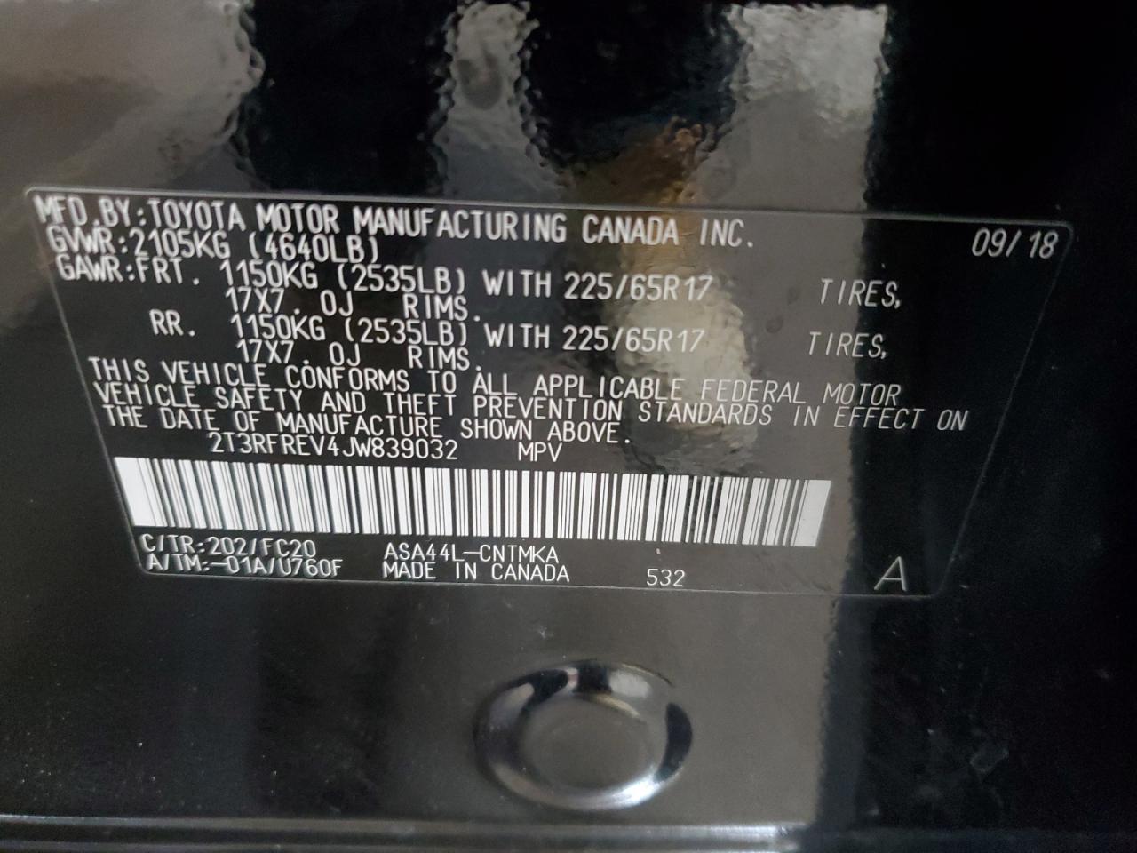 2018 Toyota RAV 4 VIN 2T3RFREV4JW839032 Copart auction photo, rear end damage thumbnail 14