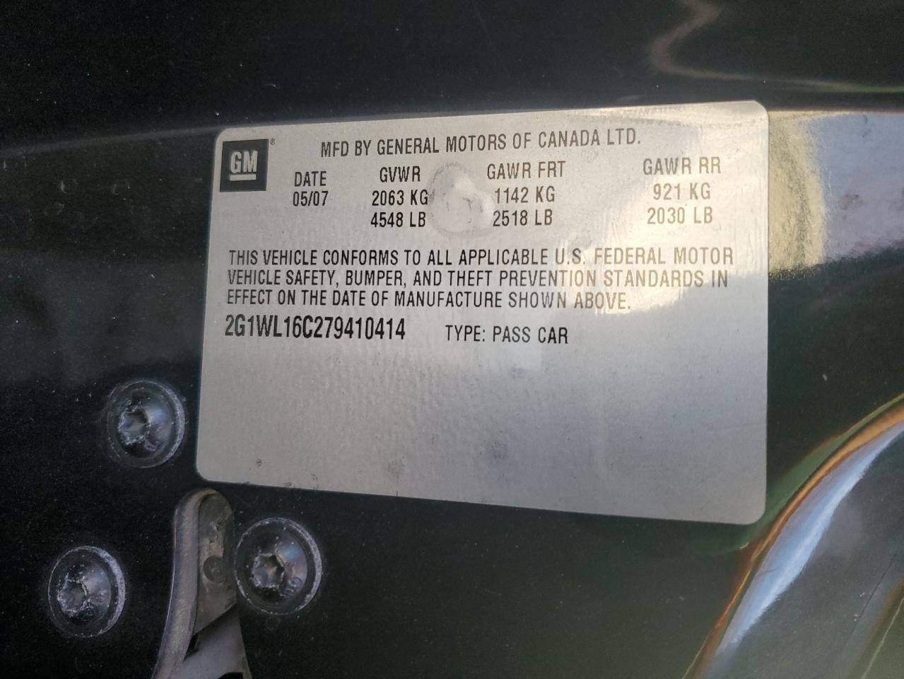 2007 Chevrolet Monte Carlo VIN 2G1WL16C279410414 Copart auction photo, all over damage thumbnail 15