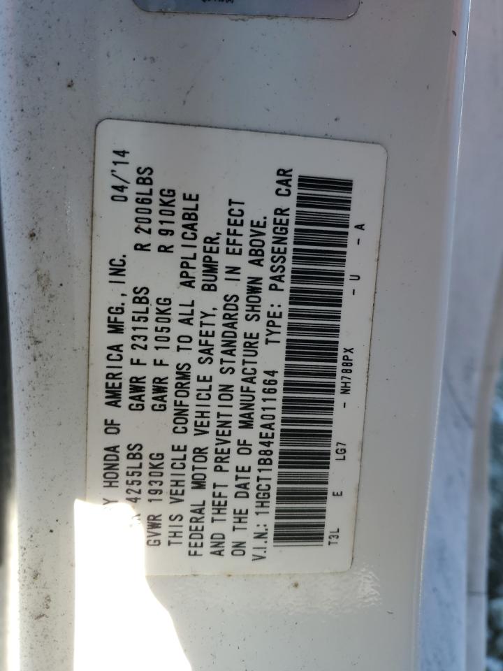 2014 Honda Accord VIN 1HGCT1B84EA011664 Copart auction photo, side / front end damage thumbnail 12