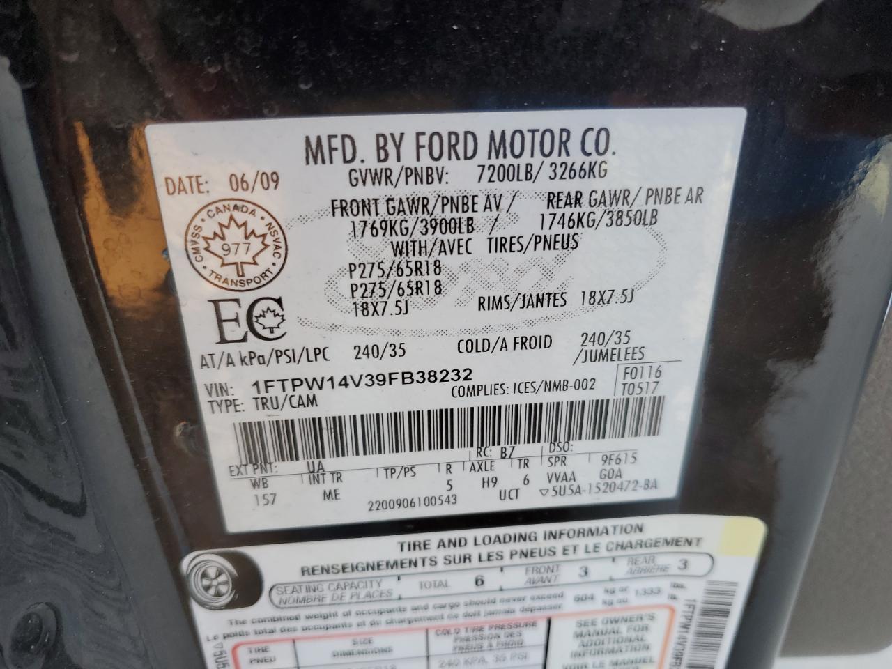 2009 Ford F-150 VIN 1FTPW14V39FB38232 Copart auction photo, front end / rear end damage thumbnail 14