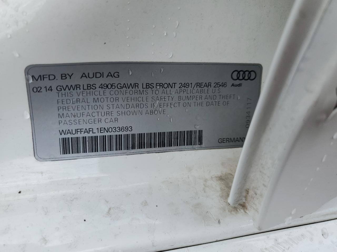 2014 Audi A4 VIN WAUFFAFL1EN033693 Copart auction photo, side / front end damage thumbnail 13