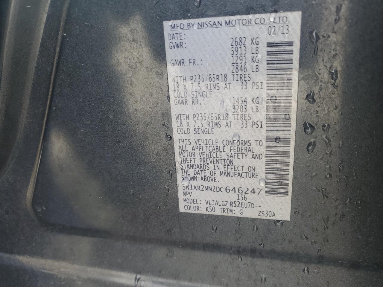 2013 Nissan Pathfinder VIN 5N1AR2MN2DC646247 Copart auction photo, rear end damage thumbnail 14