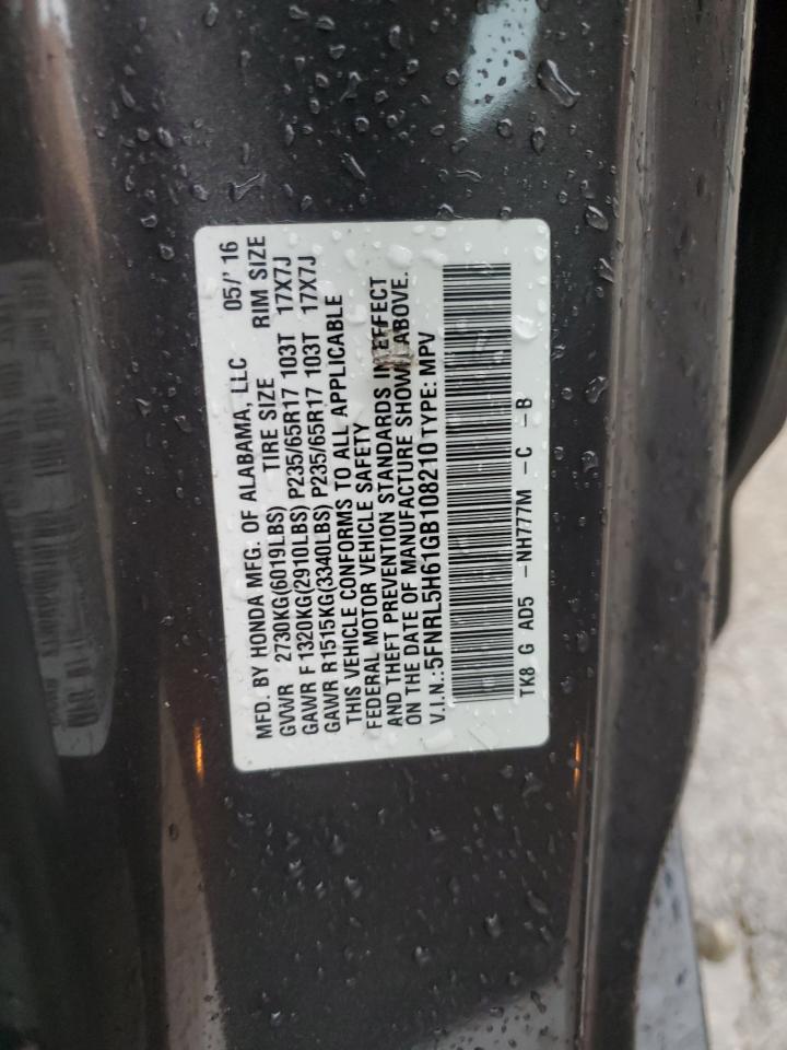 2016 Honda Odyssey VIN 5FNRL5H61GB108210 Copart auction photo, rear end damage thumbnail 13