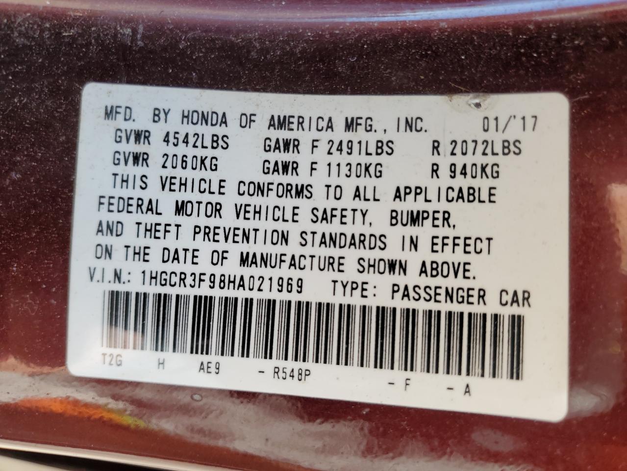 2017 Honda Accord VIN 1HGCR3F98HA021969 Copart auction photo, front end damage thumbnail 12