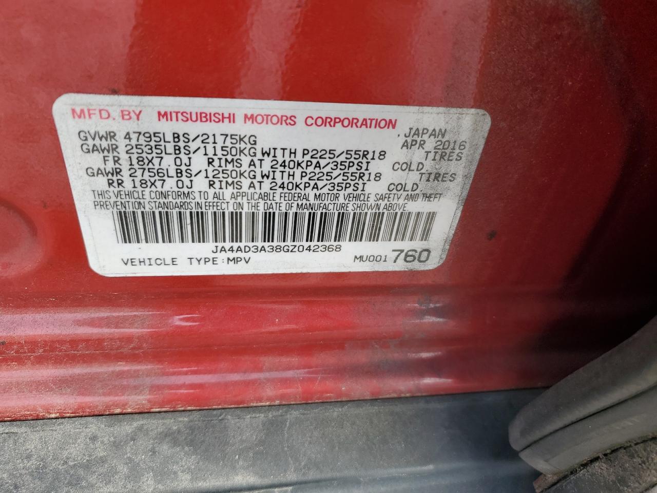 2016 Mitsubishi Outlander VIN JA4AD3A38GZ042368 Copart auction photo, rear end damage thumbnail 13
