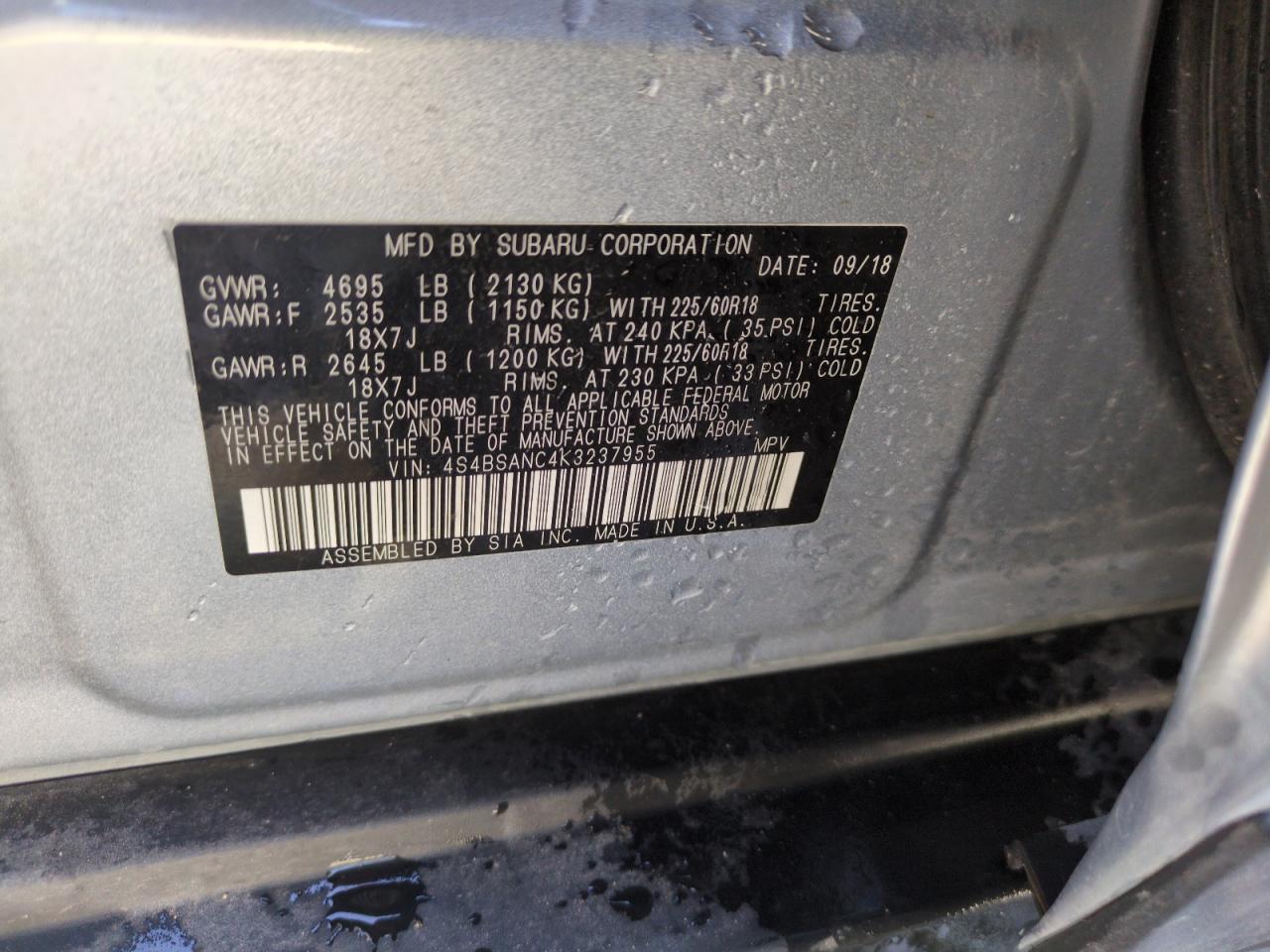 2019 Subaru Outback VIN 4S4BSANC4K3237955 Copart auction photo, front end damage thumbnail 12