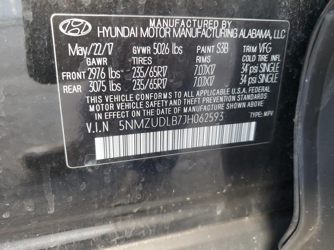 2018 Hyundai Santa Fe VIN 5NMZUDLB7JH062593 Copart auction photo, front end damage thumbnail 15