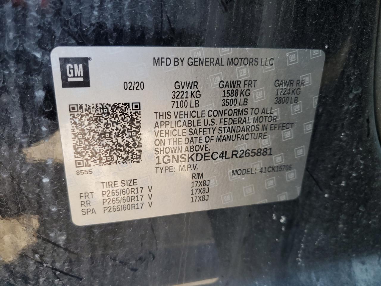 2020 Chevrolet Tahoe VIN 1GNSKDEC4LR265881 Copart auction photo, front end / side damage thumbnail 14
