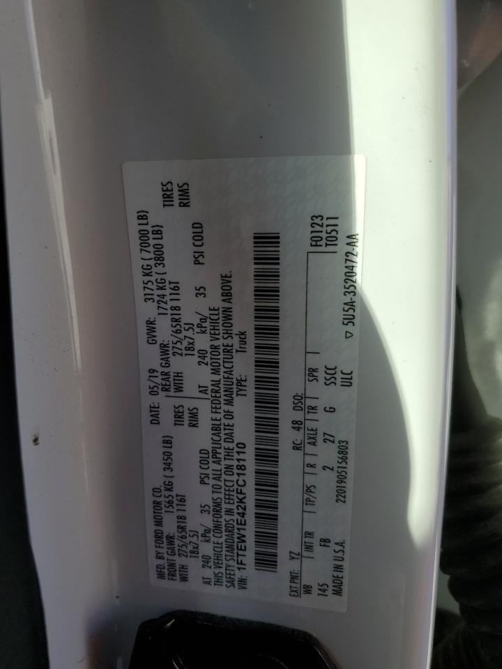 2019 Ford F-150 VIN 1FTEW1E42KFC18110 Copart auction photo, rear end damage thumbnail 12