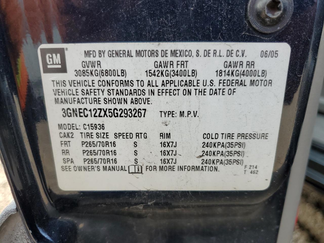 2005 Chevrolet Avalanche VIN 3GNEC12ZX5G293267 Copart auction photo, minor dent/scratches damage thumbnail 12