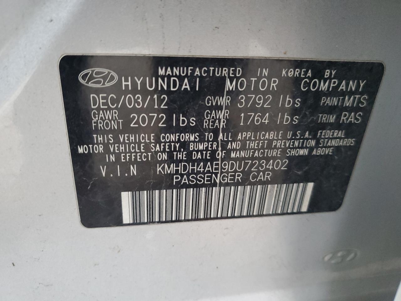 2013 Hyundai Elantra VIN KMHDH4AE9DU723402 Copart auction photo, front end damage thumbnail 12