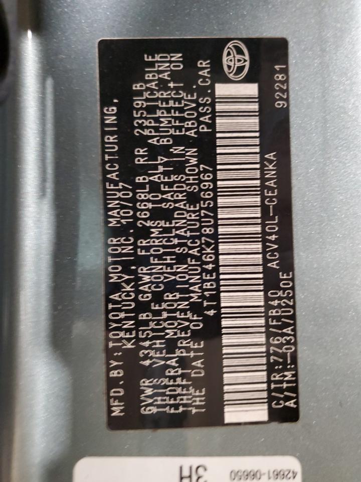 2008 Toyota Camry VIN 4T1BE46K78U756967 Copart auction photo, front end damage thumbnail 13