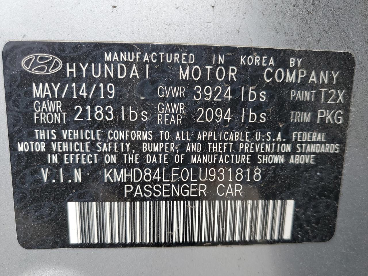 2020 Hyundai Elantra VIN KMHD84LF0LU931818 Copart auction photo, front end damage thumbnail 13