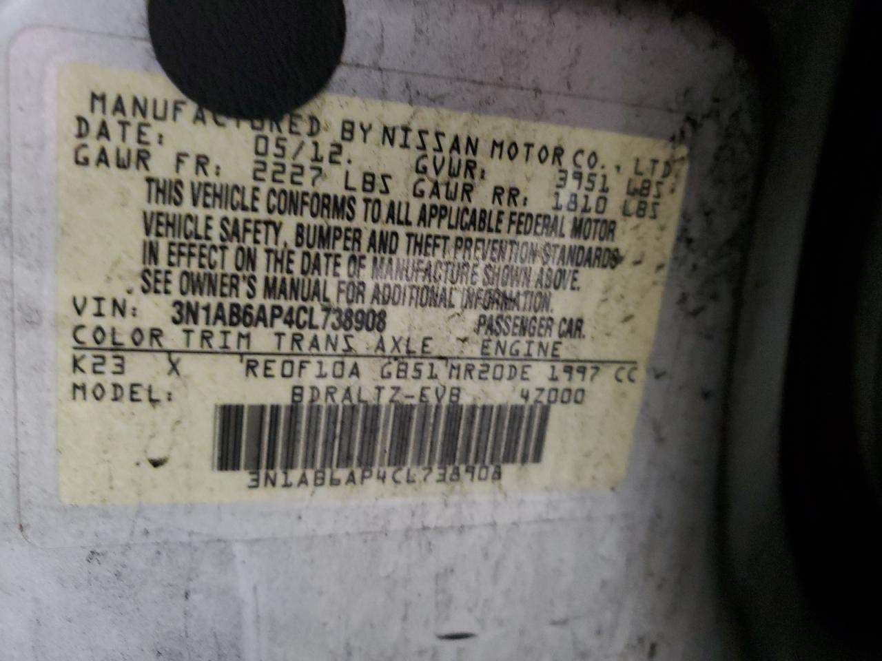 2012 Nissan Sentra VIN 3N1AB6AP4CL738908 Copart auction photo, side damage thumbnail 13