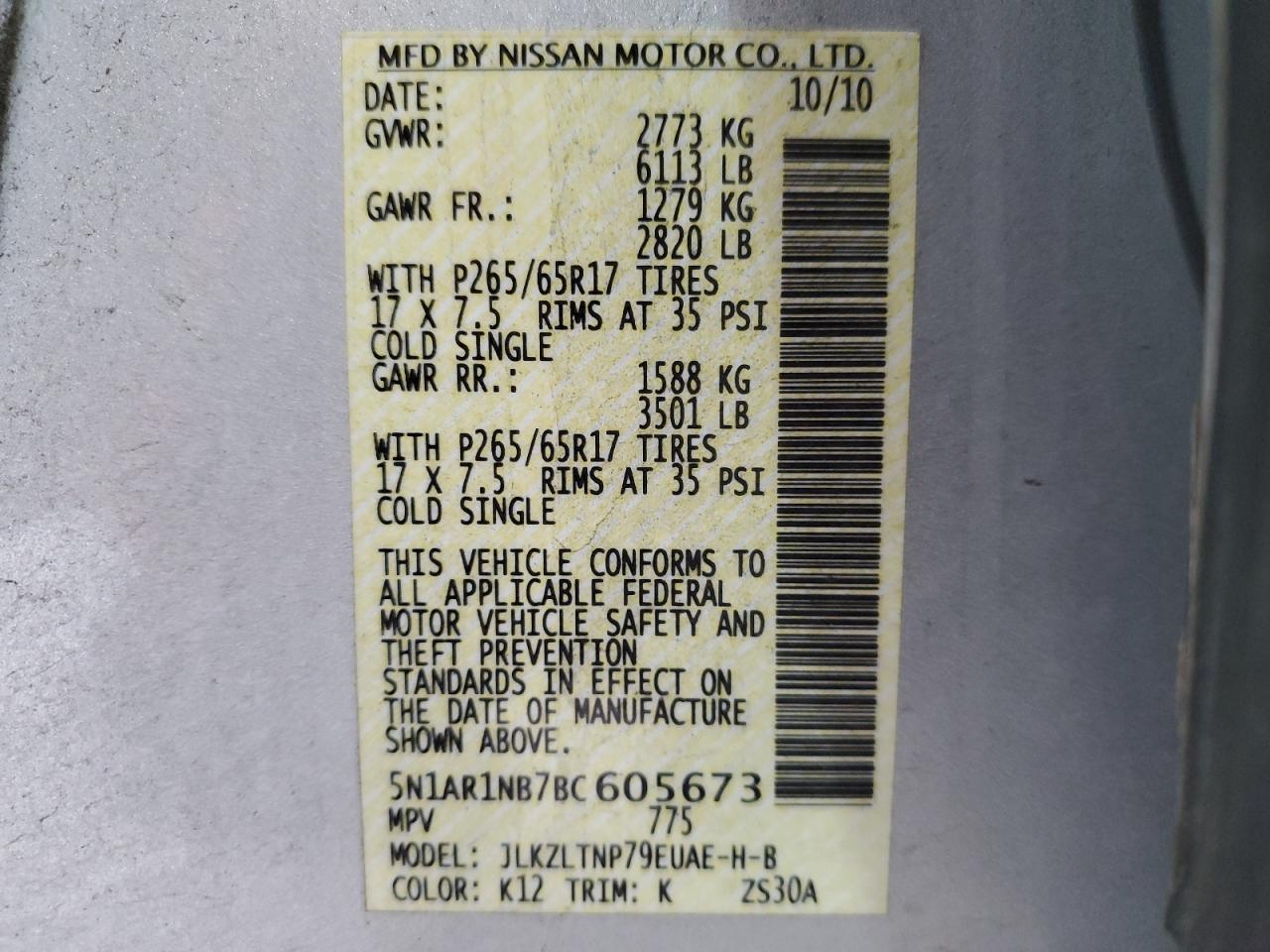 2011 Nissan Pathfinder VIN 5N1AR1NB7BC605673 Copart auction photo, front end damage thumbnail 16