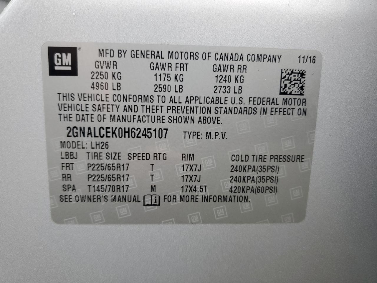 2017 Chevrolet Equinox VIN 2GNALCEK0H6245107 Copart auction photo, rear end / front end damage thumbnail 13