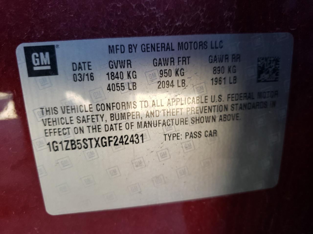 2016 Chevrolet Malibu VIN 1G1ZB5STXGF242431 Copart auction photo, front end / undercarriage damage thumbnail 12