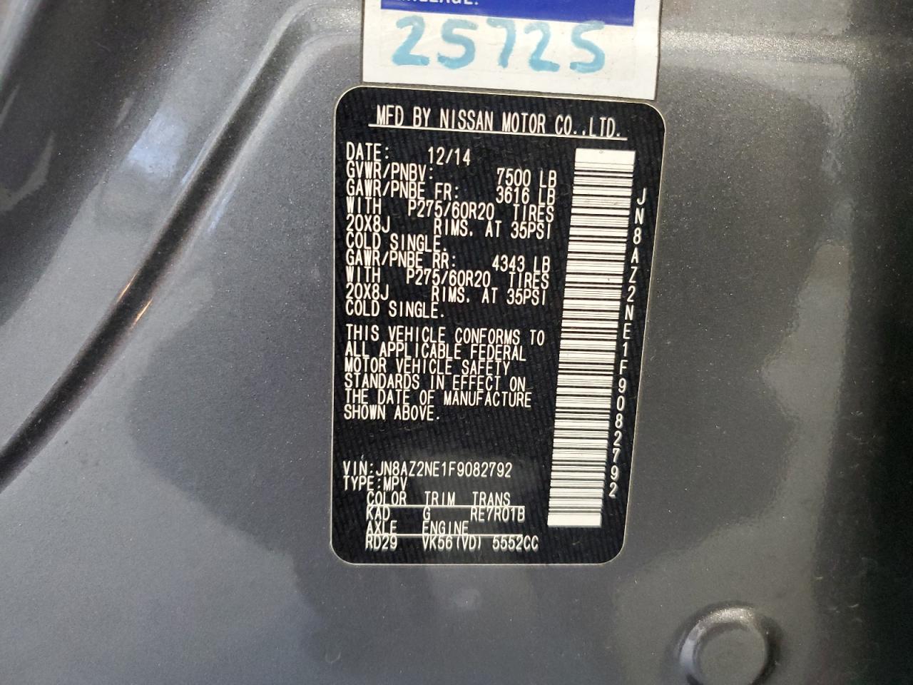 2015 Infiniti QX80 VIN JN8AZ2NE1F9082792 Copart auction photo, front end / rear end damage thumbnail 16