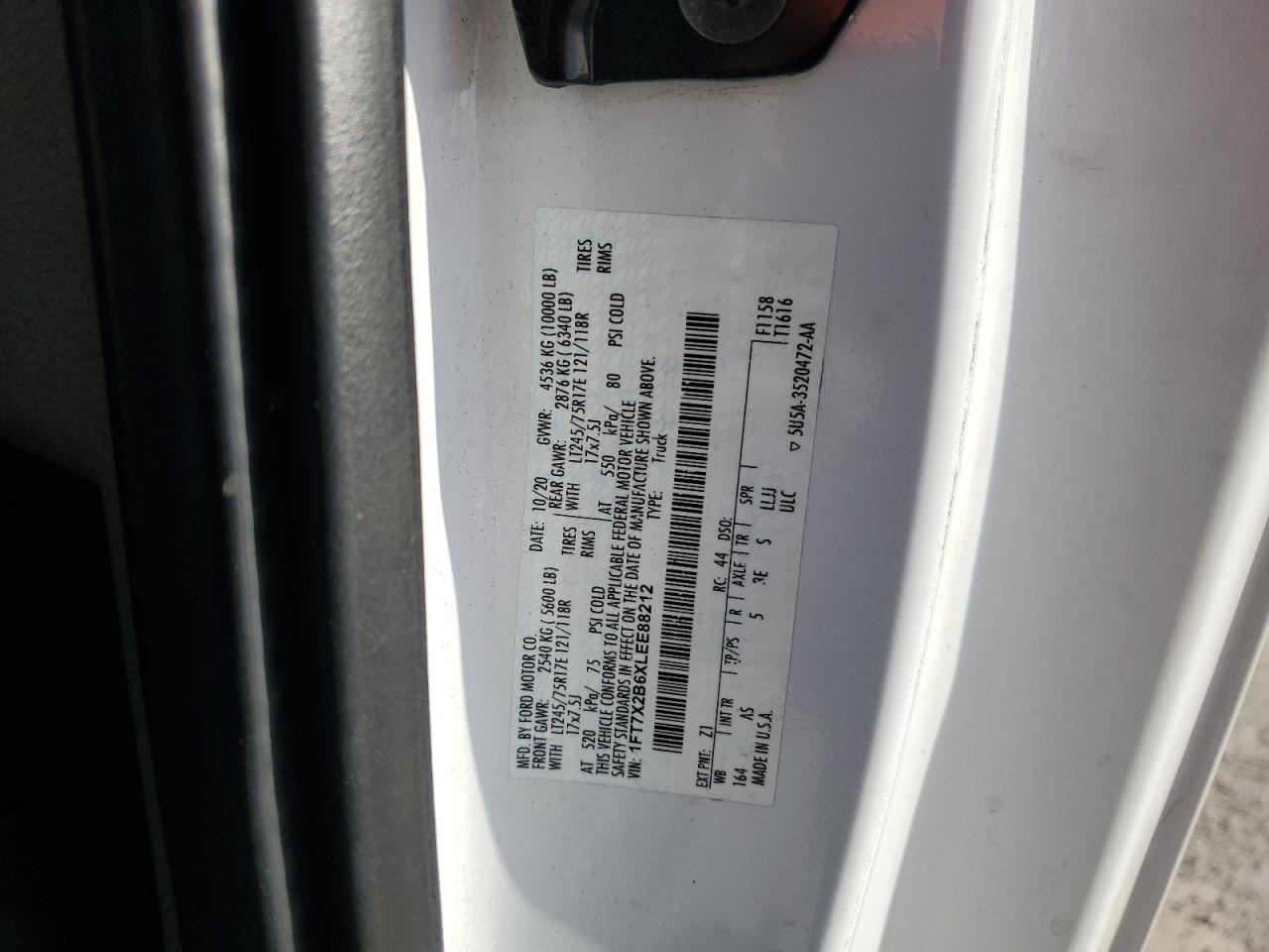 2020 Ford F250 VIN 1FT7X2B6XLEE88212 Copart auction photo, rear end / minor dent/scratches damage thumbnail 10