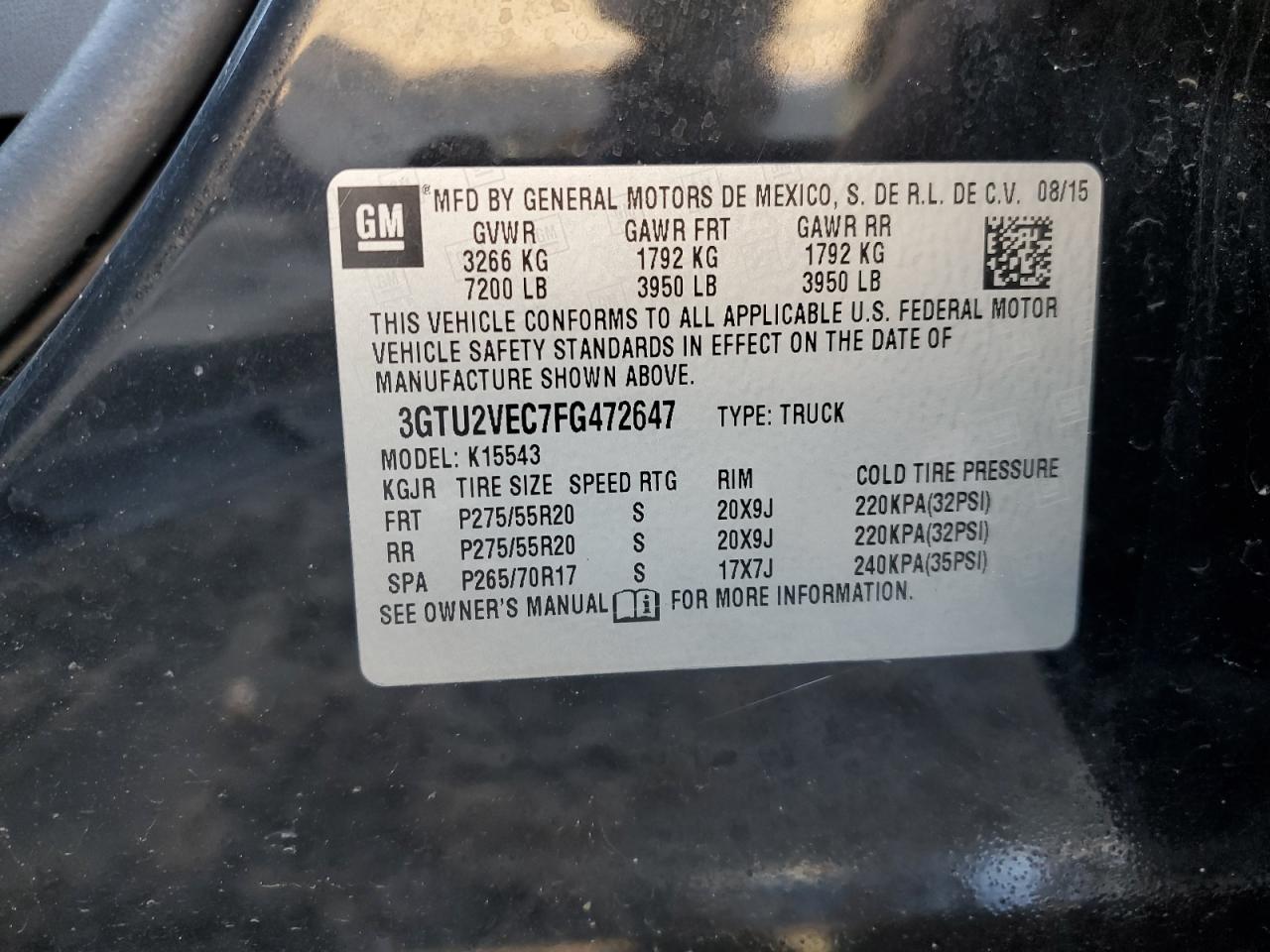 2015 GMC Sierra VIN 3GTU2VEC7FG472647 Copart auction photo, front end / side damage thumbnail 12