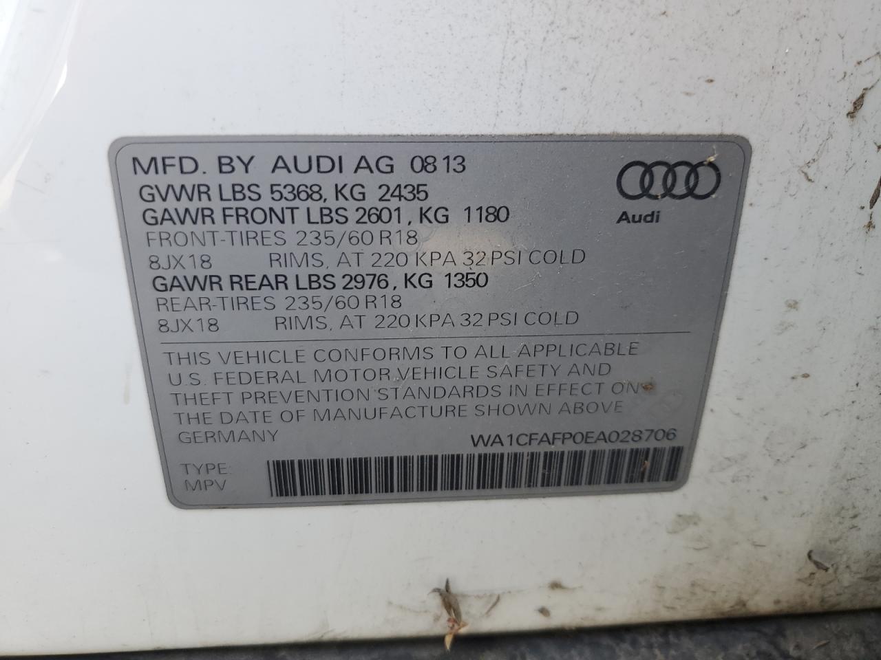 2014 Audi Q5 VIN WA1CFAFP0EA028706 Copart auction photo, front end damage thumbnail 13