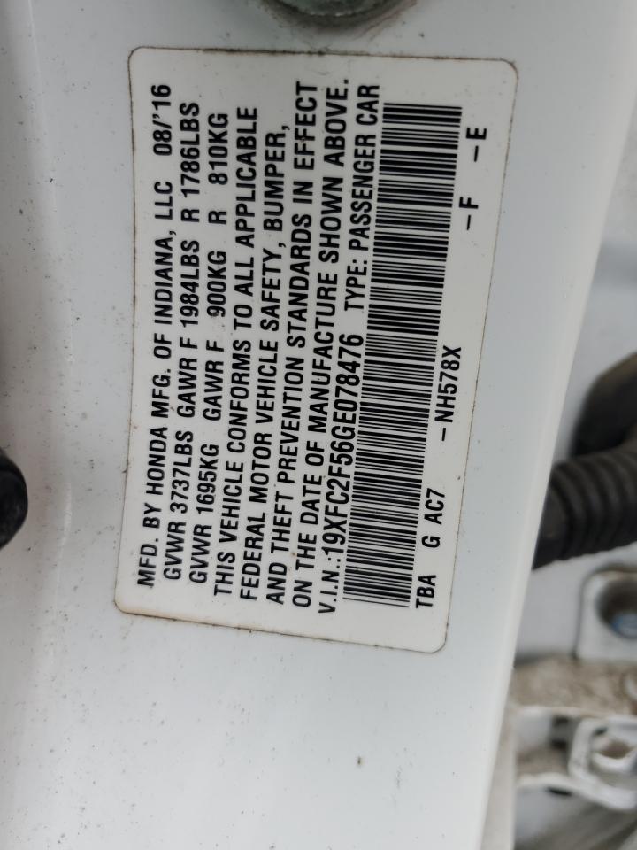2016 Honda Civic VIN 19XFC2F56GE078476 Copart auction photo, all over / front end damage thumbnail 13