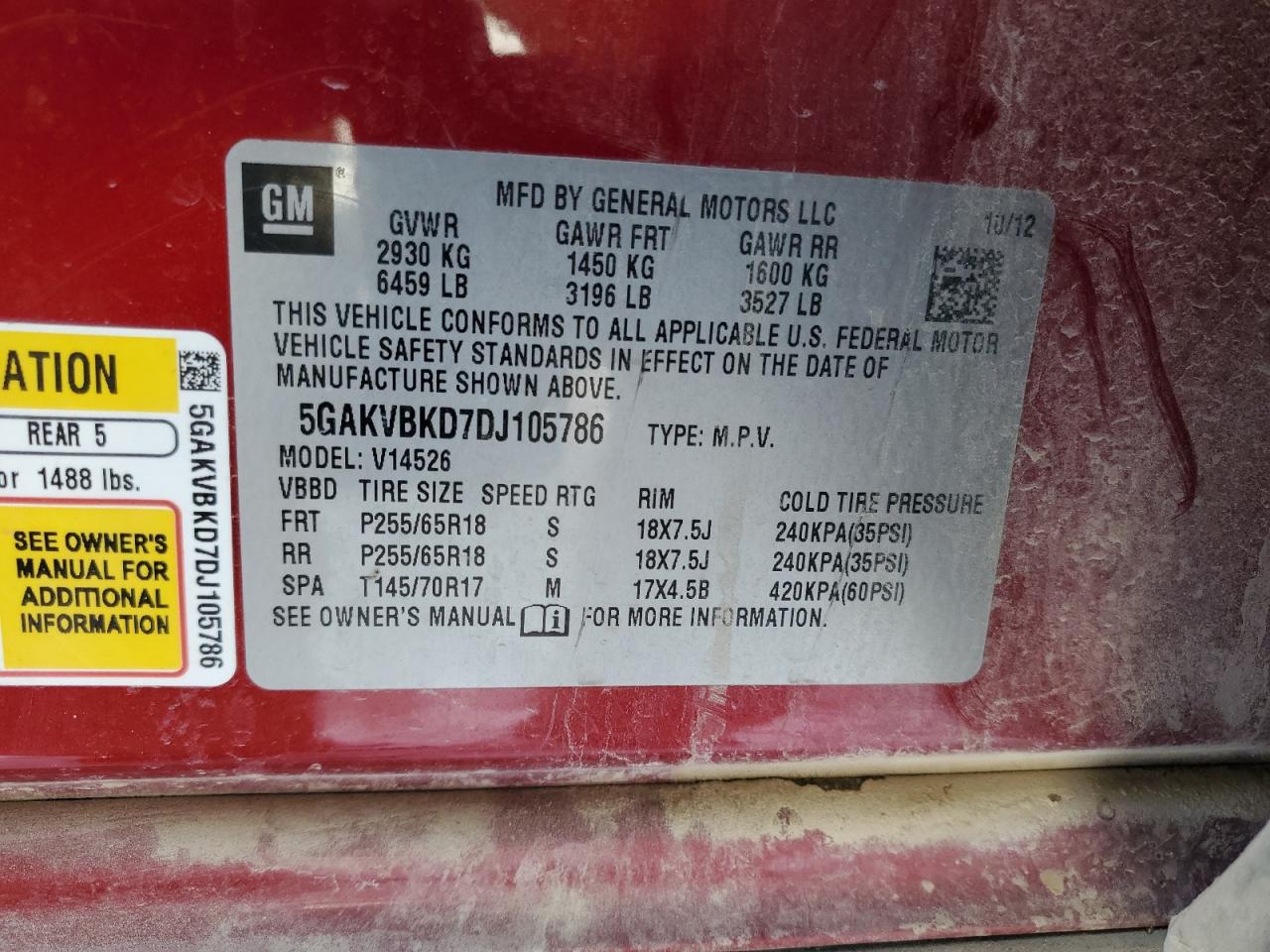 2013 Buick Enclave VIN 5GAKVBKD7DJ105786 Copart auction photo, front end / side damage thumbnail 13